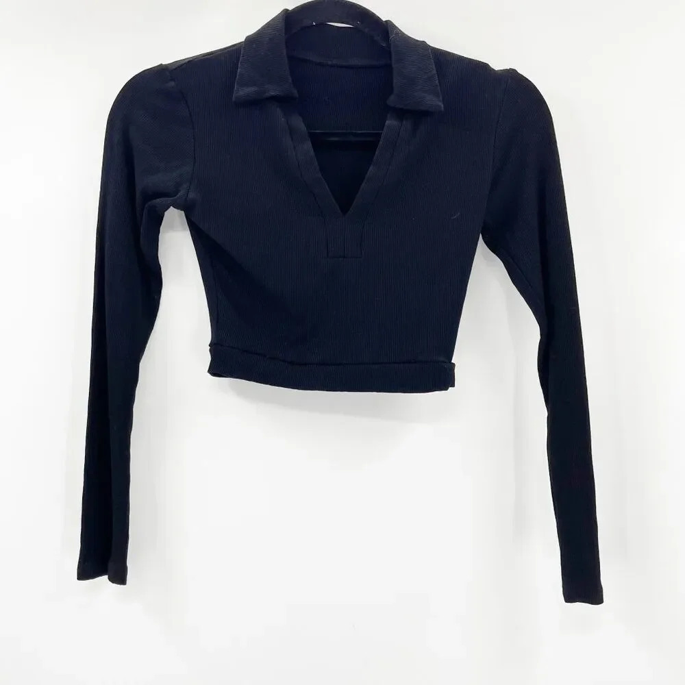 Shein Women Cropped Polo‎ Tee Size M Black Long Sleeve Ribbed Knit